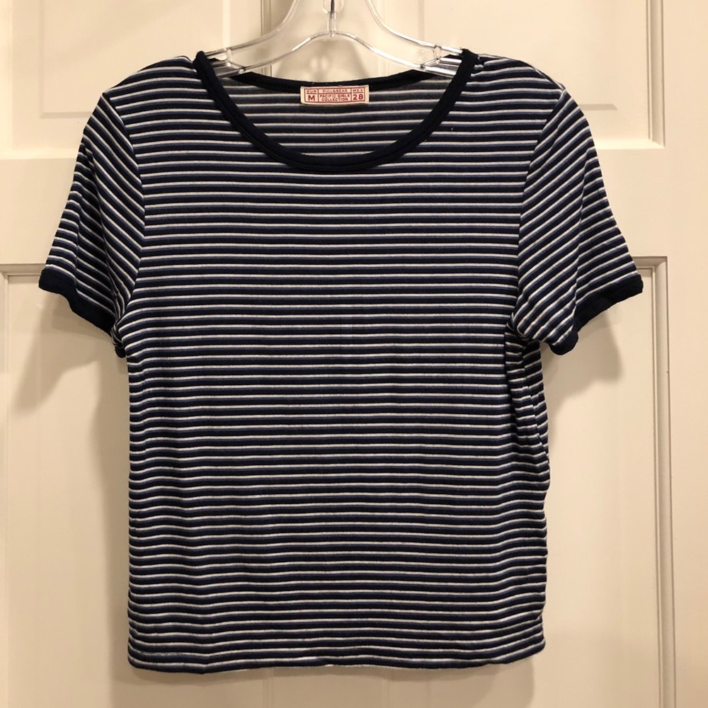 Pull & Bear Cropped Blue Striped Ringer Tee
